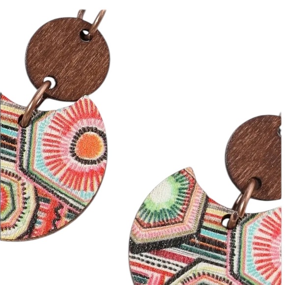 Boho Colorful Print Segmented Wooden Drop Style Earrings - Picture 3 of 6